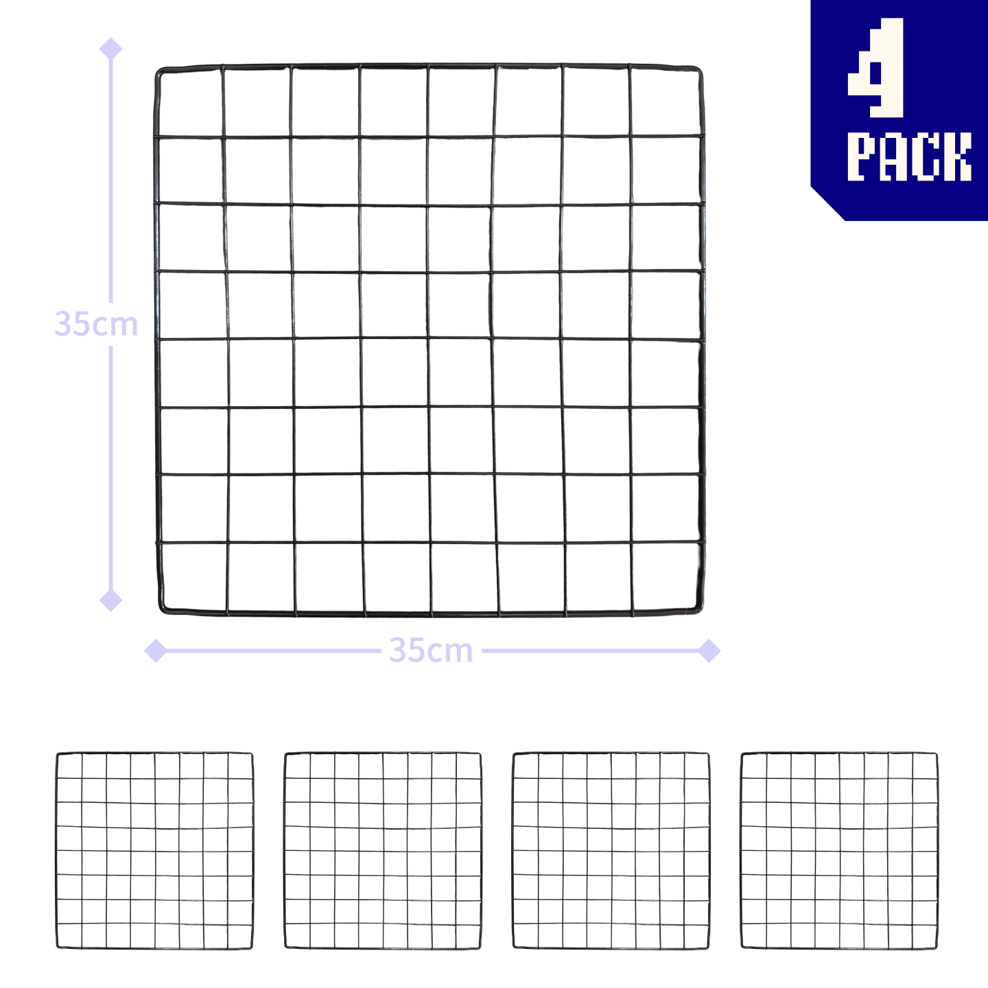Four black grid wire panels arranged in a neat stack, each featuring a uniform lattice pattern for clipping hooks into a modular booth display.