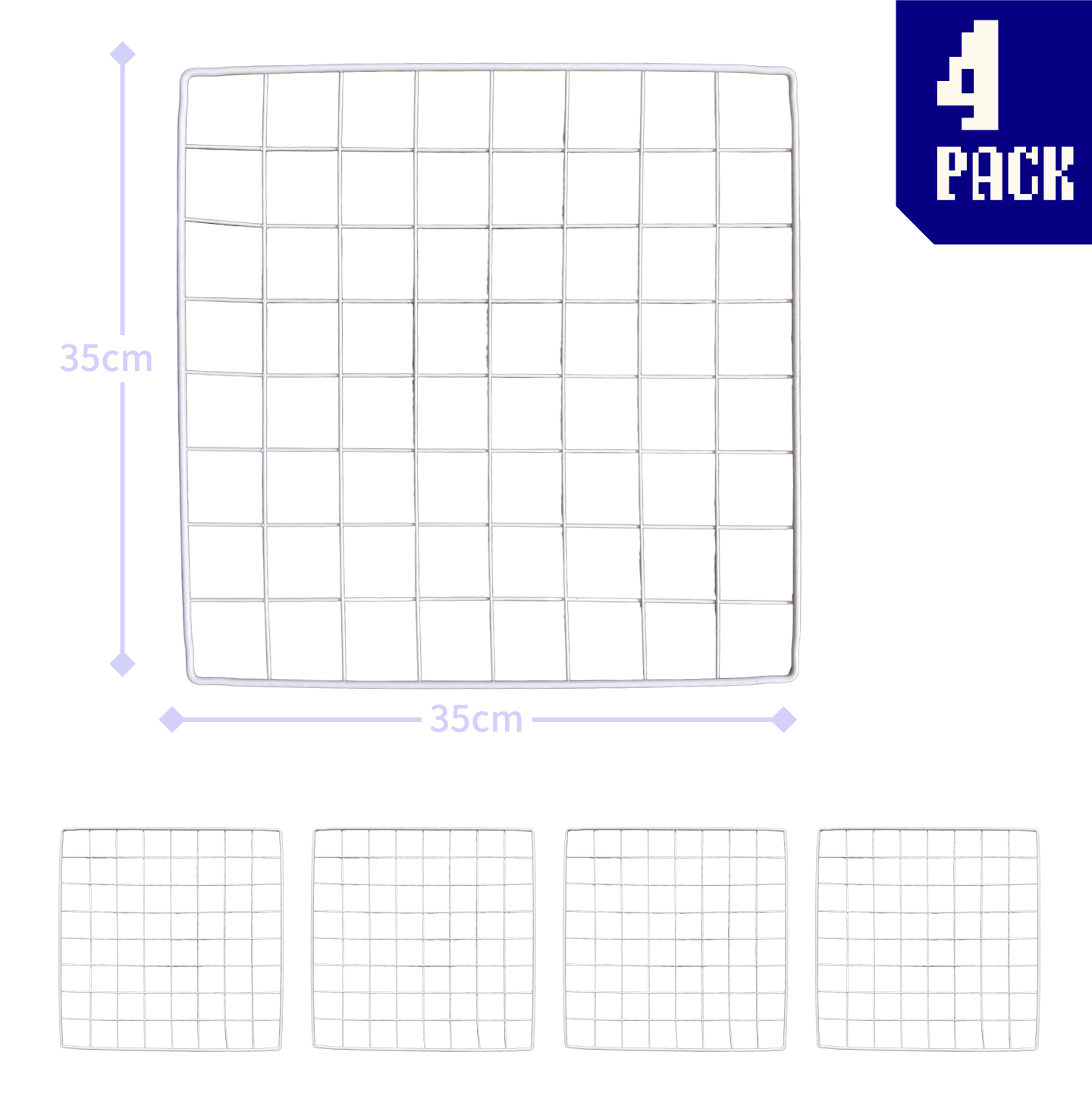 Four white grid wire panels arranged in a neat stack, each featuring a uniform lattice pattern for clipping hooks into a modular booth display.
