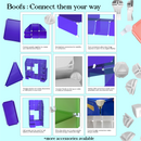 Boofs modular panels with connectors for customizable artist booth setups. Includes hemisphere connectors, foot connectors, wire clips, and 360 sphere joints for creative layouts, angled displays, and shelves. Perfect for convention artists and exhibitors.