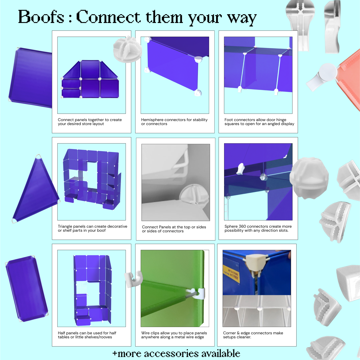 Boofs modular panels with connectors for customizable artist booth setups. Includes hemisphere connectors, foot connectors, wire clips, and 360 sphere joints for creative layouts, angled displays, and shelves. Perfect for convention artists and exhibitors.