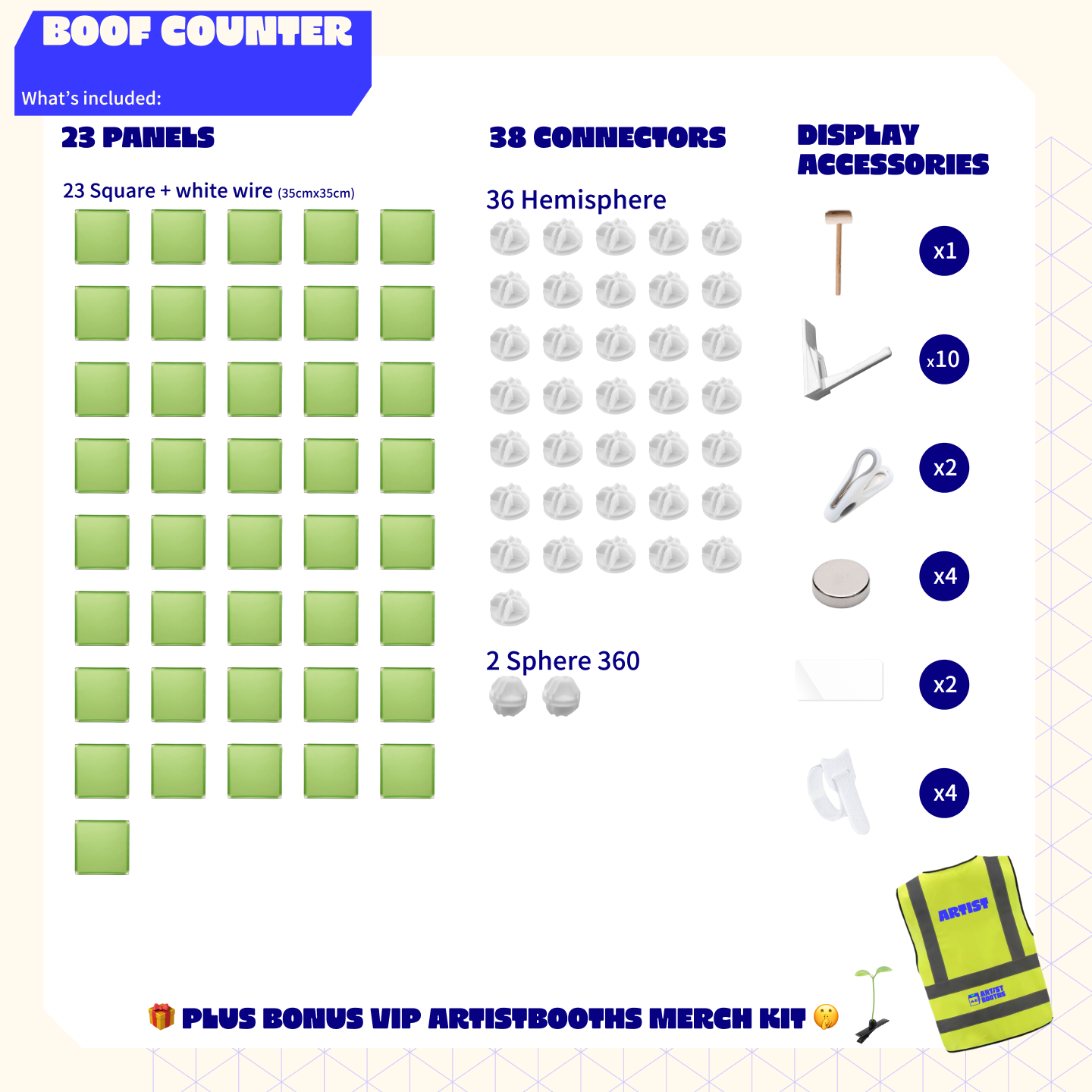 Avocado Green Artist Alley booth bundle components shown laid out in a modular, lightweight, and flexible convention display setup.