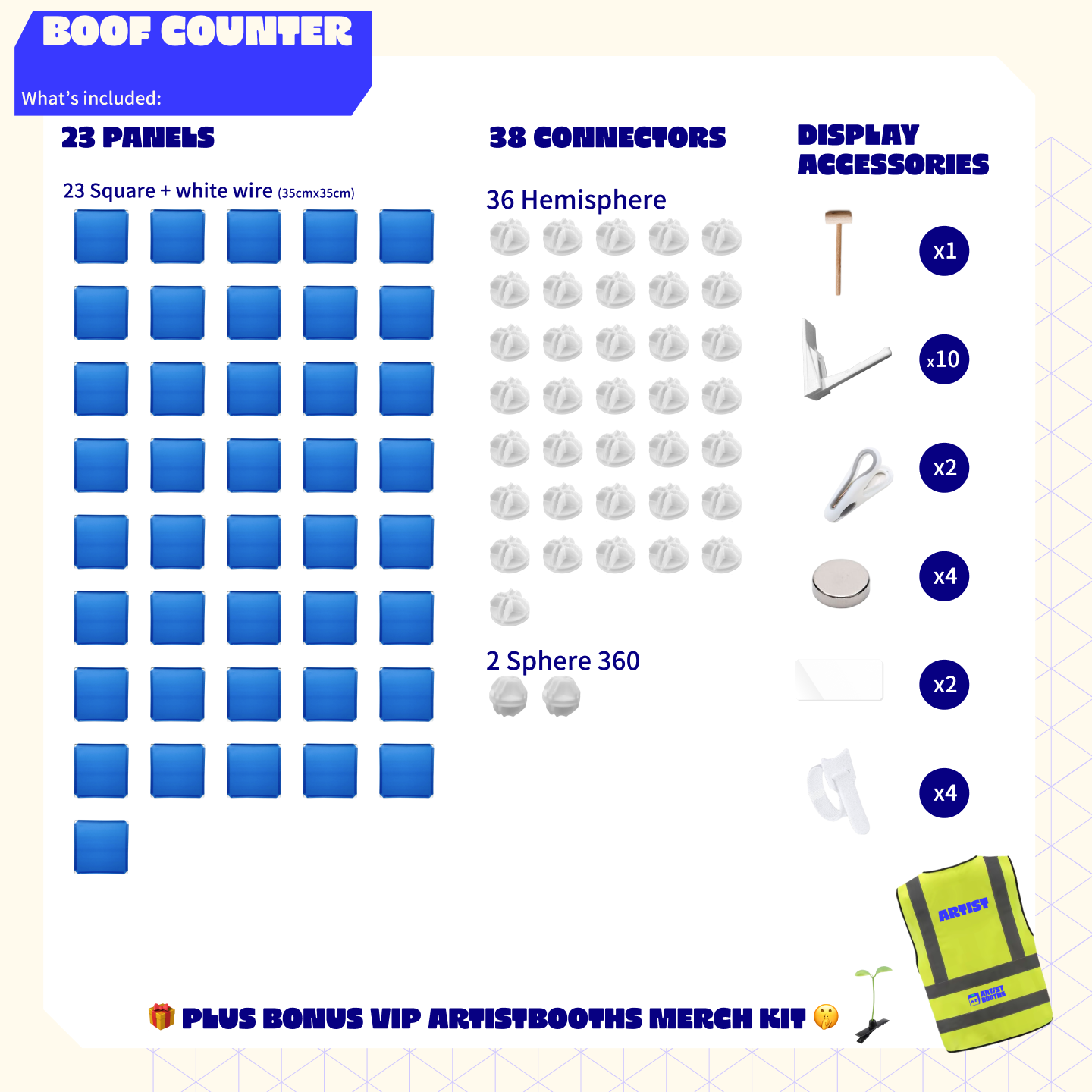 Cobalt Blue Artist Alley booth bundle components shown laid out in a modular, lightweight, and flexible convention display setup.
