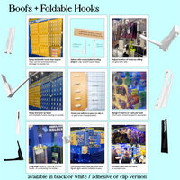 Boofs modular display panels with foldable hooks – adhesive or clip-on options in black or white. Adjustable hooks let artists and exhibitors hang pins, keychains, and charms at conventions, making setup faster, more stable, and professional.