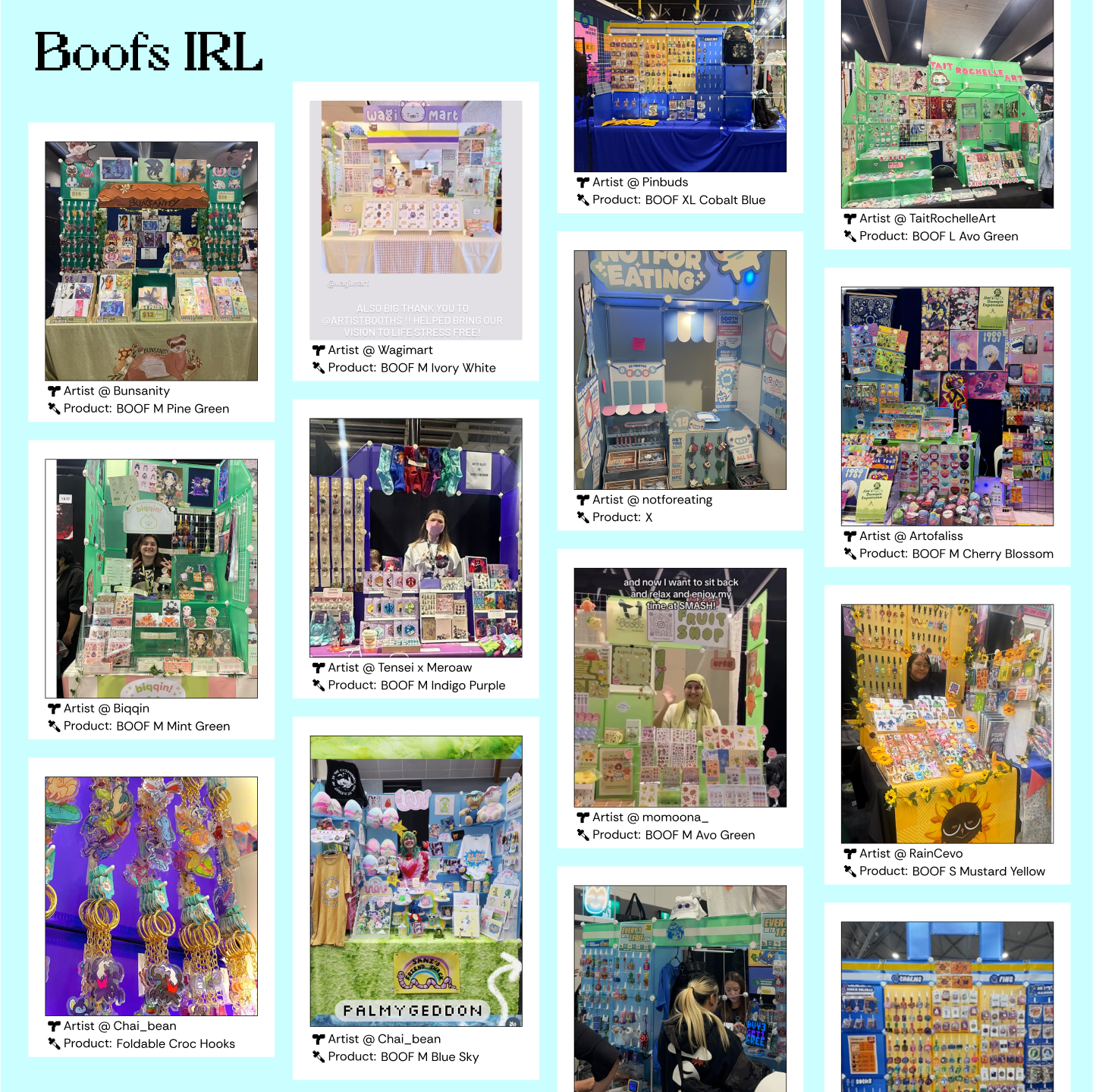 Real-life artist alley booths using Boofs modular panels in colors like Pine Green, Ivory White, Cobalt Blue, Avo Green, Mint Green, Cherry Blossom, and more. Artists display pins, keychains, charms, and prints at conventions with foldable hooks and self-serve layouts.