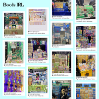Real-life artist alley booths using Boofs modular panels in colors like Pine Green, Ivory White, Cobalt Blue, Avo Green, Mint Green, Cherry Blossom, and more. Artists display pins, keychains, charms, and prints at conventions with foldable hooks and self-serve layouts.