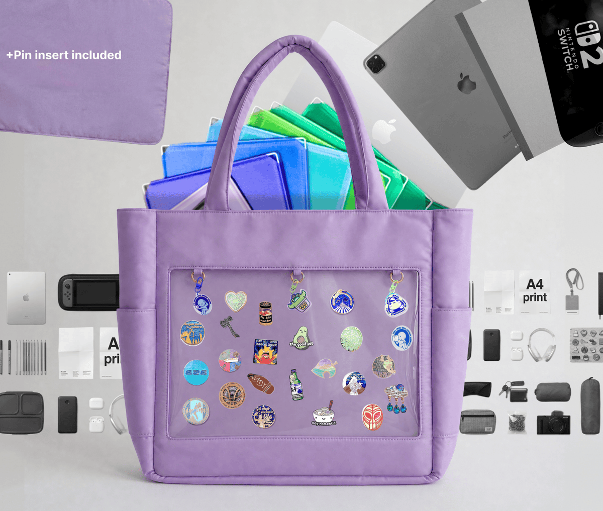 17 inch ITA tote bag in Puffy Purple with pin display pad and 5 pockets