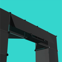 Portable gallery-style kiosk for artist conventions, featuring modular wire grid panels, reusable connectors, and customizable display options for conventions
