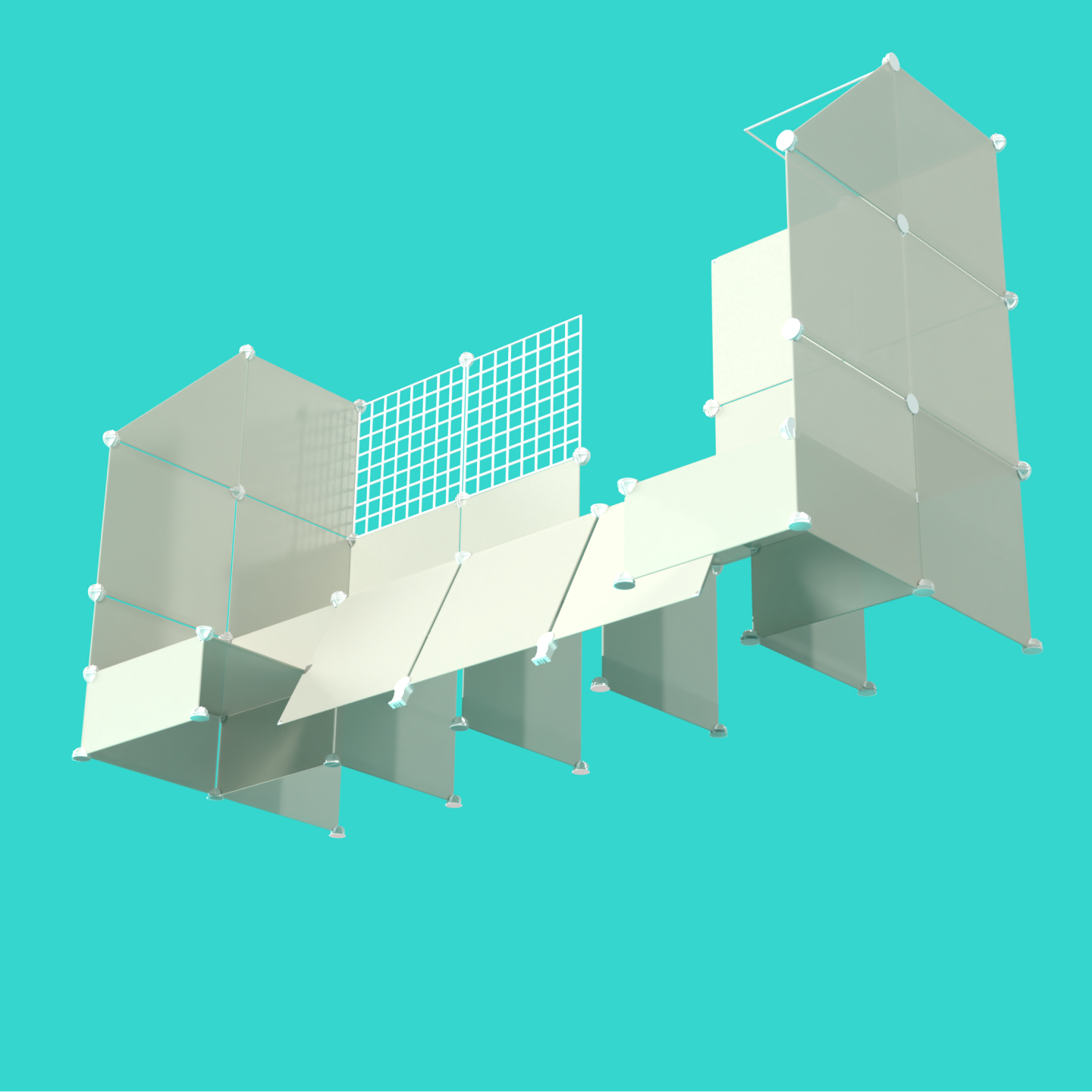 Angled bottom perspective of Ivory White BOOF Stand showing modular panel and grid layout