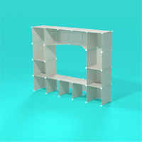 Lightweight, stackable grid panels with adjustable shelving for artist exhibits, used by independent creators, artists, and illustrators at comic cons, markets, and pop-up events