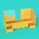 Angled front-left perspective of Mustard Yellow BOOF Stand showing modular panel and grid layout