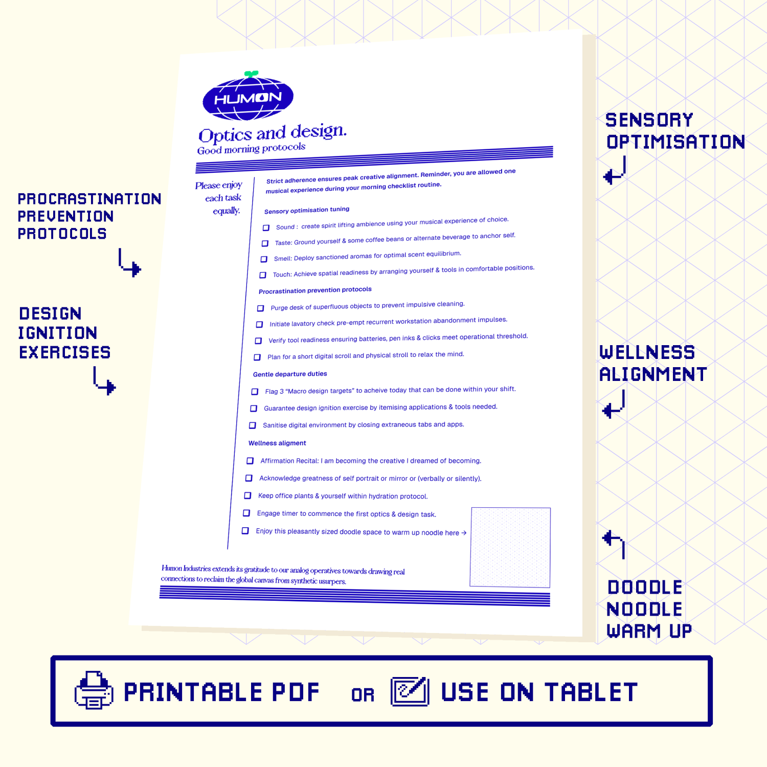 OPTICS & DESIGN - Checklist for Anti procrastination, sensory optimisation, design ignition and wellness alignment by Humon