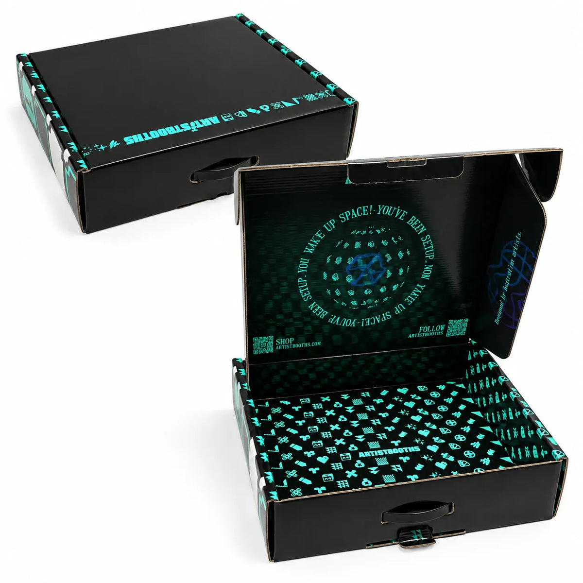 Artist Booths carry case, closed and open, black with teal print
