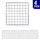Four black grid wire panels arranged in a neat stack, each featuring a uniform lattice pattern for clipping hooks into a modular booth display.