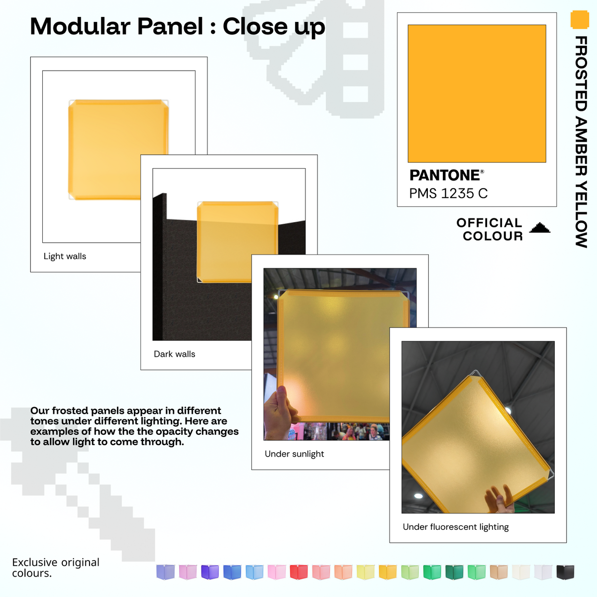 Artistbooths Frosted Amber Yellow panel close-ups showing frosted opacity under different lighting