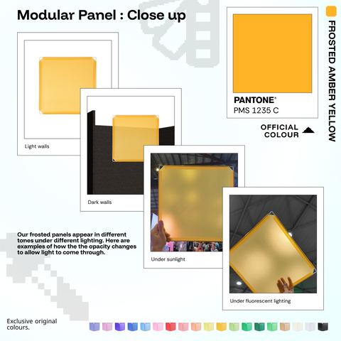 Artistbooths Frosted Amber Yellow panel close-ups showing frosted opacity under different lighting (Pantone 1235 C)