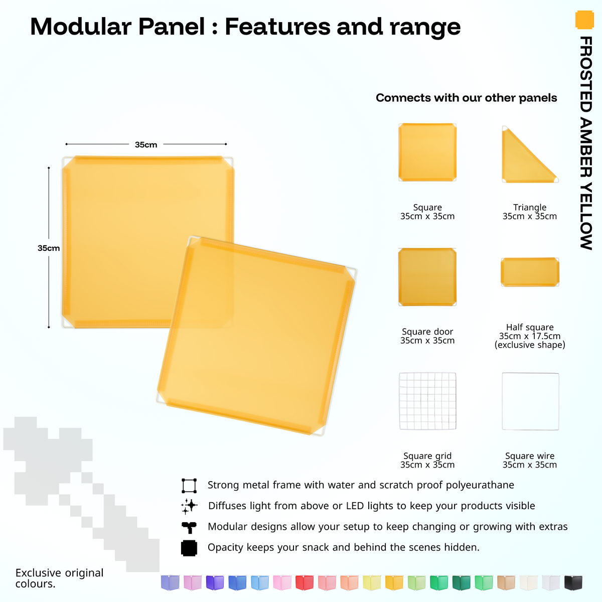 Artistbooths Frosted Amber Yellow panel shape range chart with square, triangle, half-square, door, grid and wire panels (35cm)