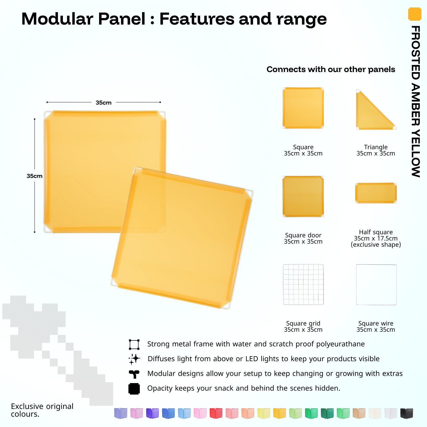 Artistbooths Frosted Amber Yellow panel shape range chart with square, triangle, half-square, door, grid and wire panels (35cm)