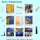 Display of Boofs and Foldable Hooks in various settings, showing adhesive and clip options. 