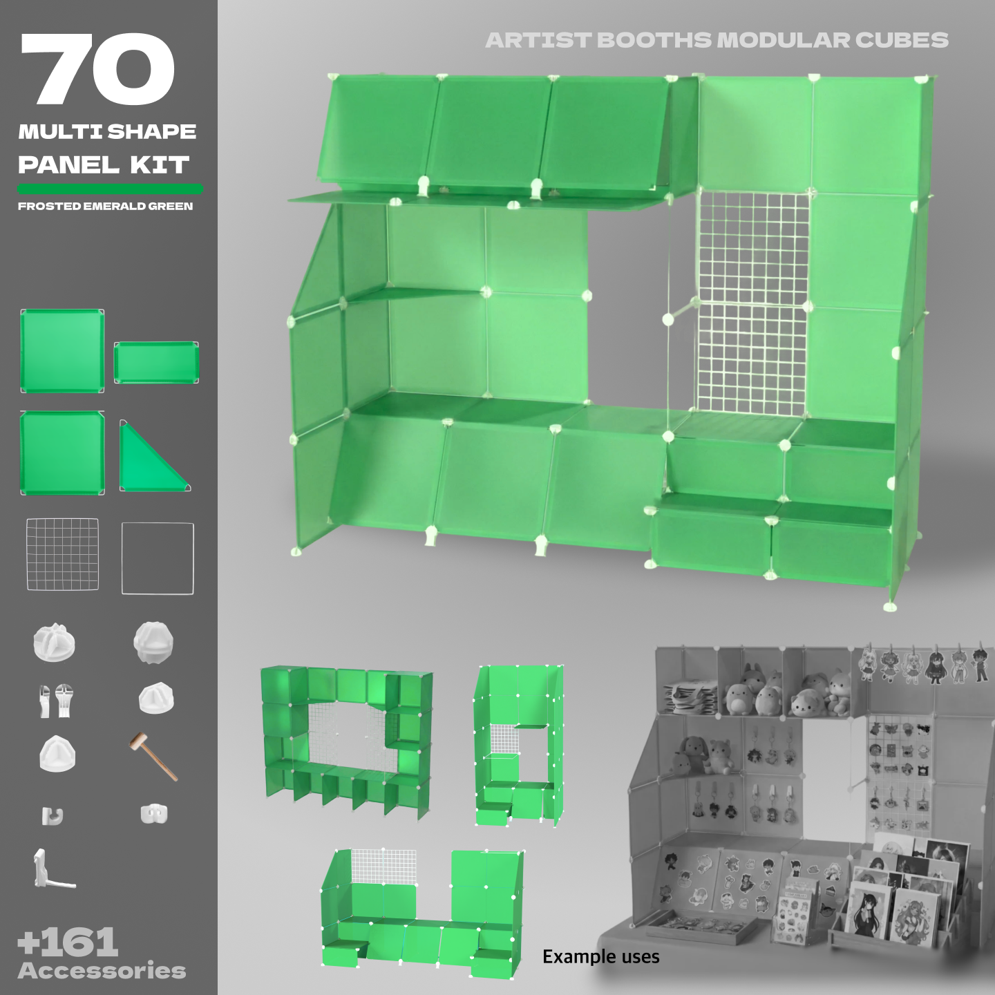 Unleash endless creative possibilities with this green building set! Featuring 78 clear panels and 138 accessories, it's perfect for artists crafting the ultimate convention display. Showcase your prints, charms, pins, or any merch with freedom! Clear panels make your products shine, while accessories let you customize your unique layout. Lightweight, portable, and a breeze to assemble – take your booth to the next level!