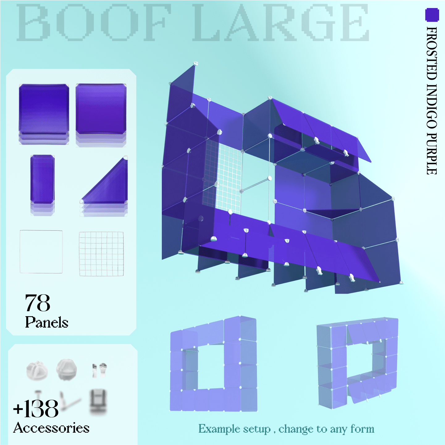 Set of frosted indigo-purple building panels, including 78 panels and 138 accessories, with example setups shown.