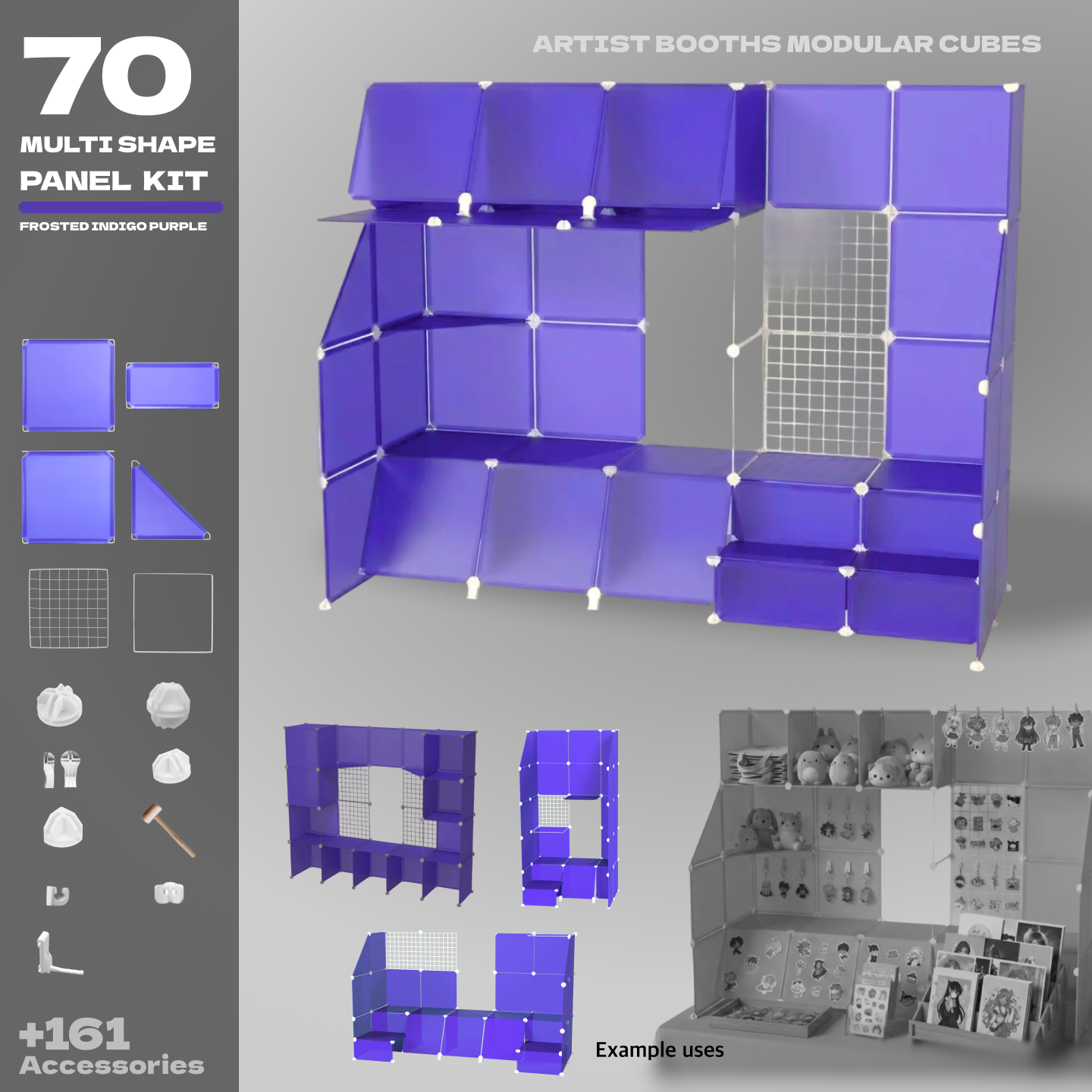 Set of frosted indigo-purple building panels, including 78 panels and 138 accessories, with example setups shown.