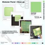 Artistbooths Frosted Avocado Green panel close-ups showing frosted opacity under different lighting