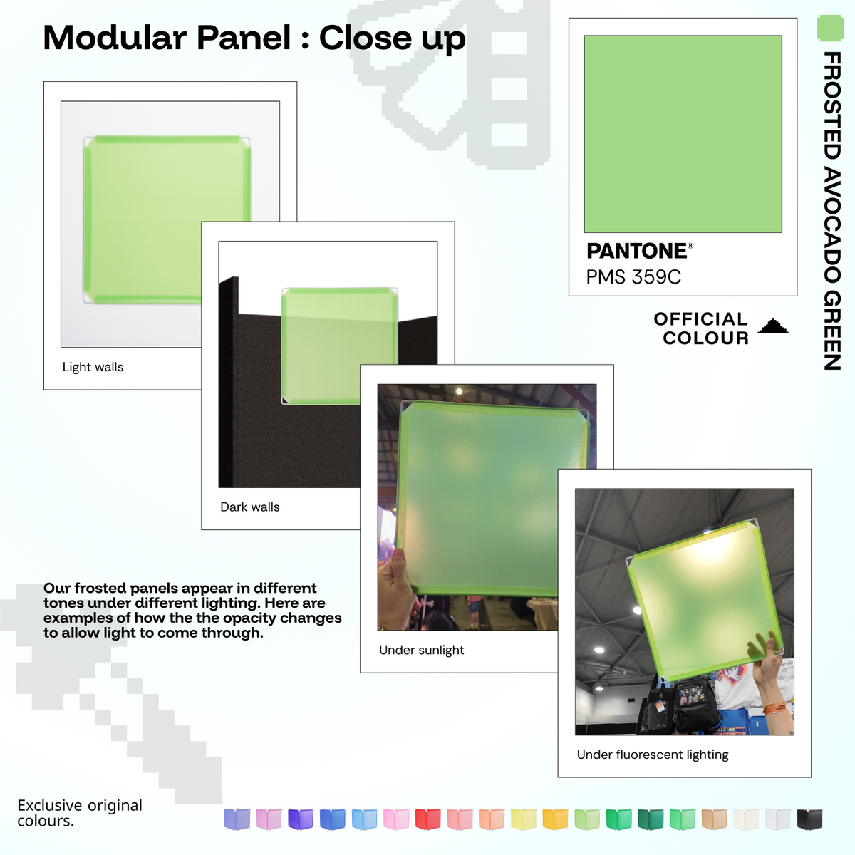 Artistbooths Frosted Avocado Green panel close-ups showing frosted opacity under different lighting