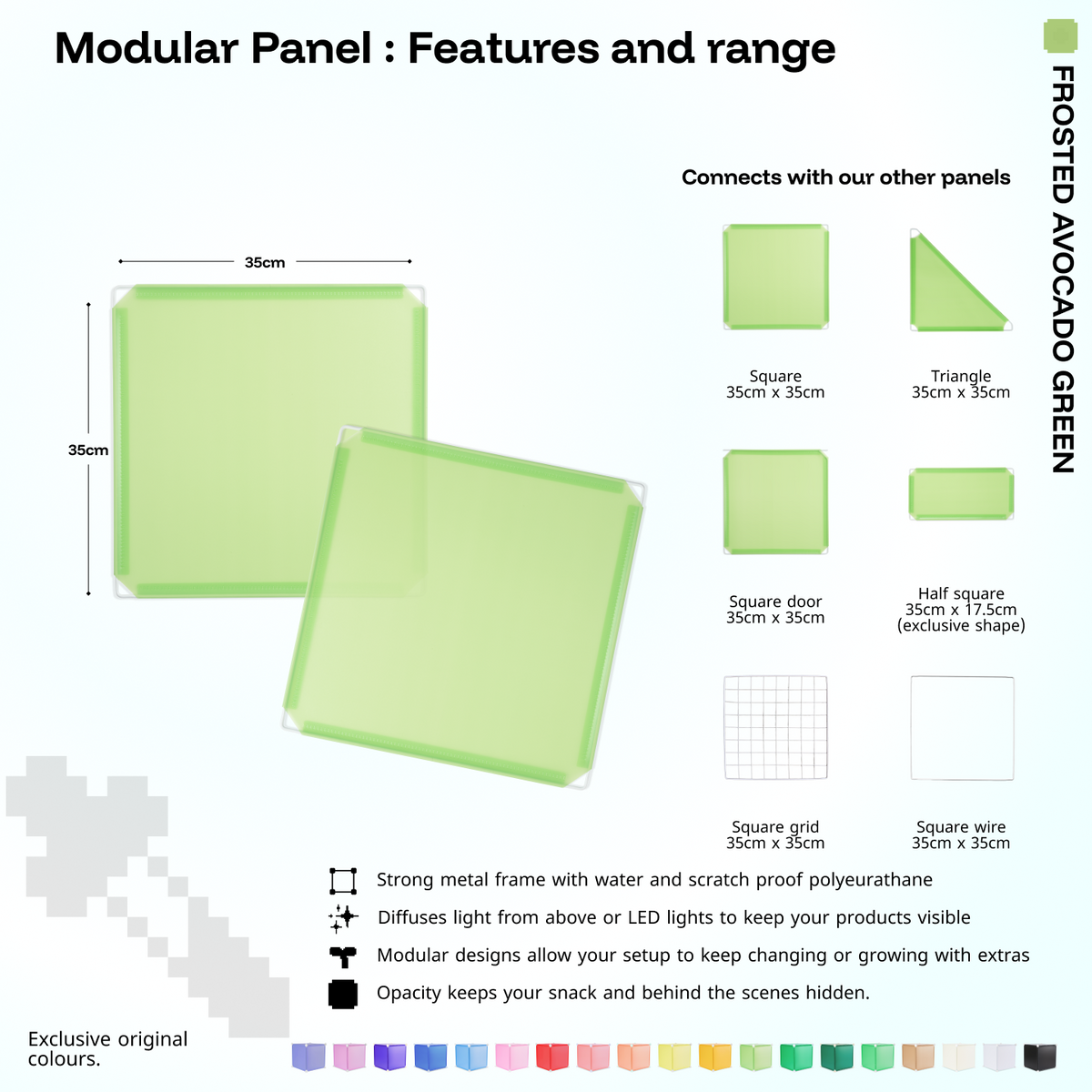Artistbooths Frosted Avocado Green panel shape range chart with square, triangle, half-square, door, grid and wire panels (35cm)