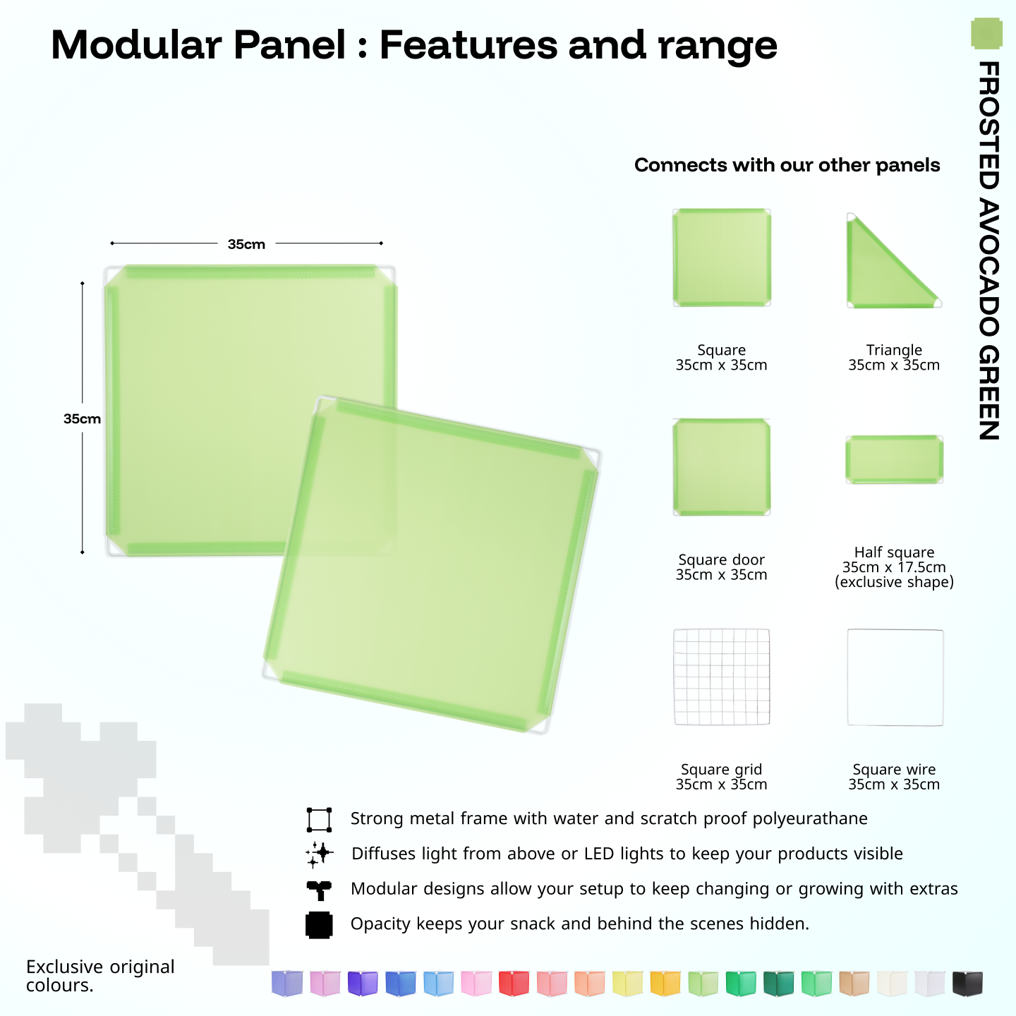 Artistbooths Frosted Avocado Green panel shape range chart with square, triangle, half-square, door, grid and wire panels (35cm)