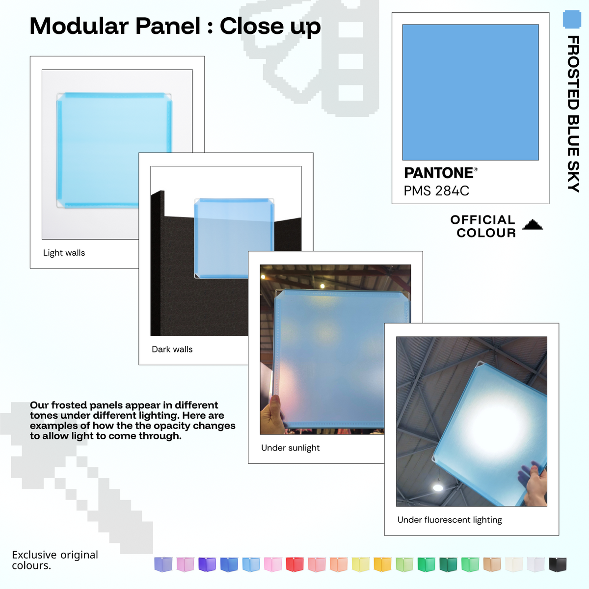 Artistbooths Frosted Blue Sky panel close-ups showing frosted opacity under different lighting