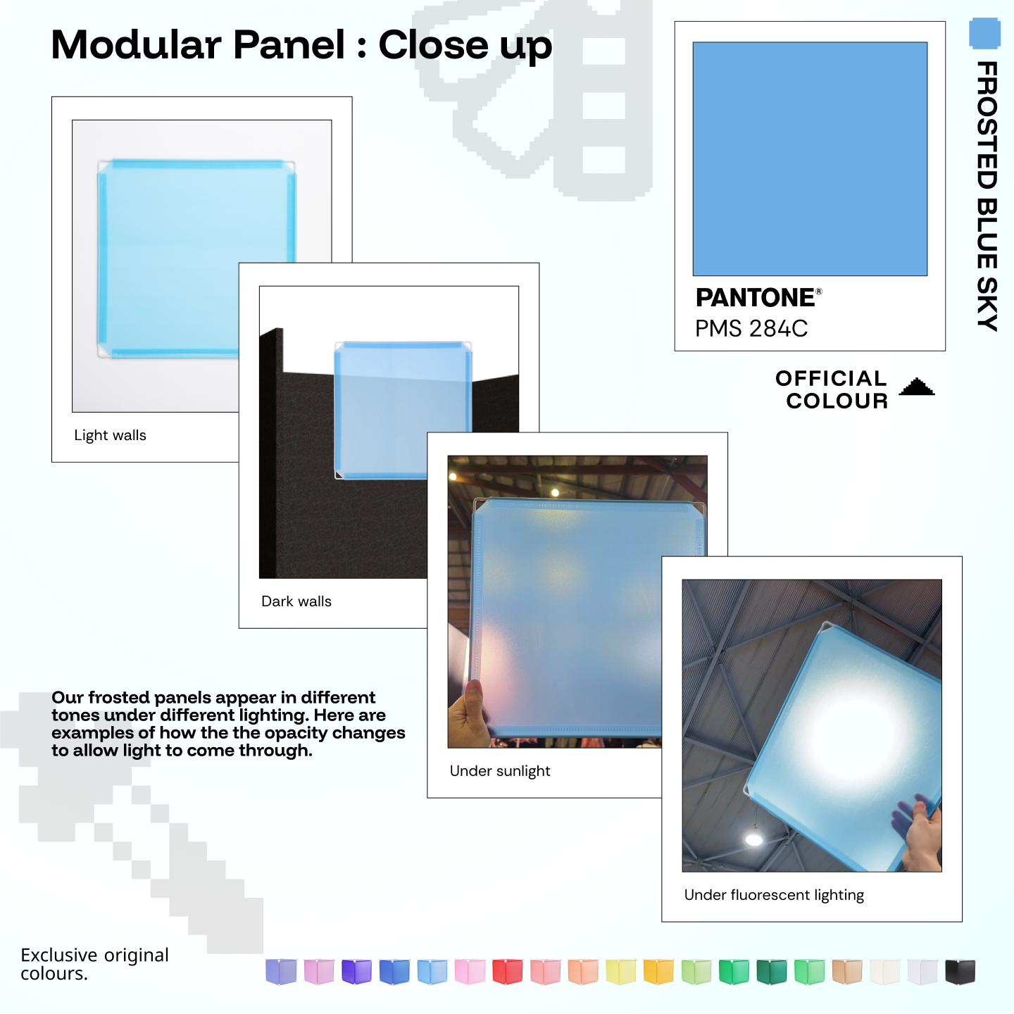 Artistbooths Frosted Blue Sky panel close-ups showing frosted opacity under different lighting (Pantone 284 C)
