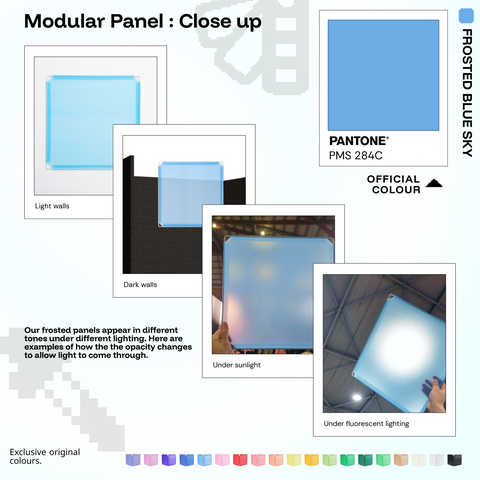 Artistbooths Frosted Blue Sky panel close-ups showing frosted opacity under different lighting (Pantone 284 C)