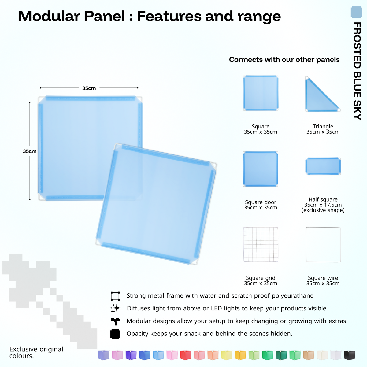 Artistbooths Frosted Blue Sky panel shape range chart with square, triangle, half-square, door, grid and wire panels (35cm)
