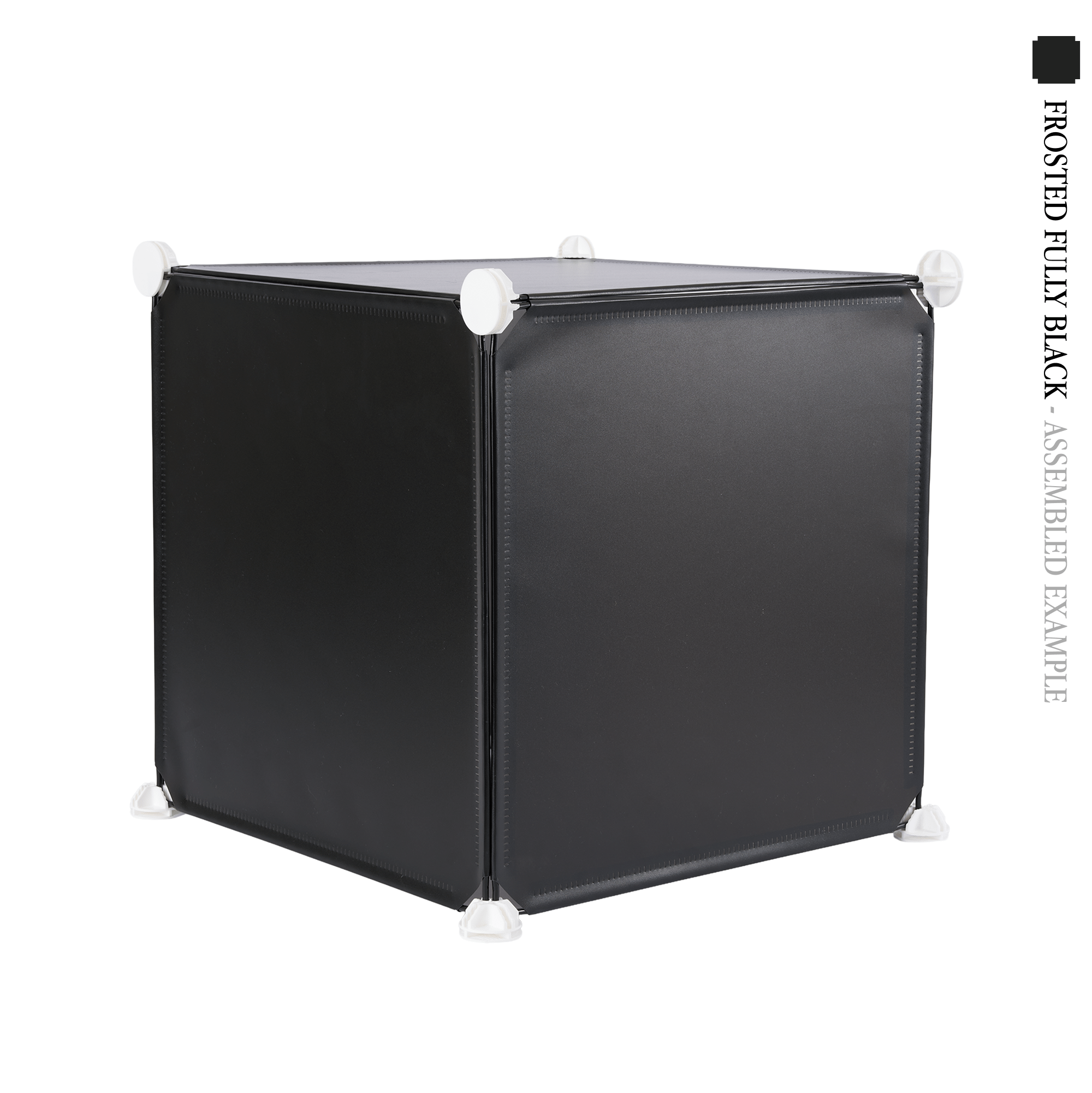 Frosted fully black square cube panels assembled in front of a white background - perfect for creative and modular artist alley & convention booth setups