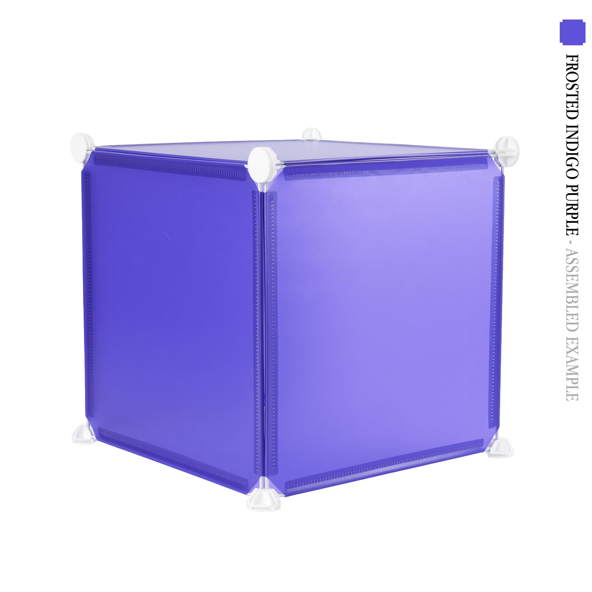 Frosted indigo purple square cube panels assembled in front of a white background - perfect for creative and modular artist alley & convention booth setups