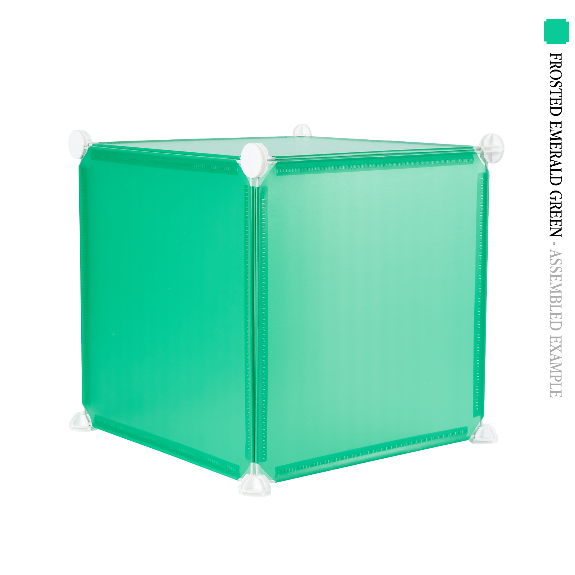 Frosted emerald green square cube panels assembled in front of a white background - perfect for creative and modular artist alley & convention booth setups