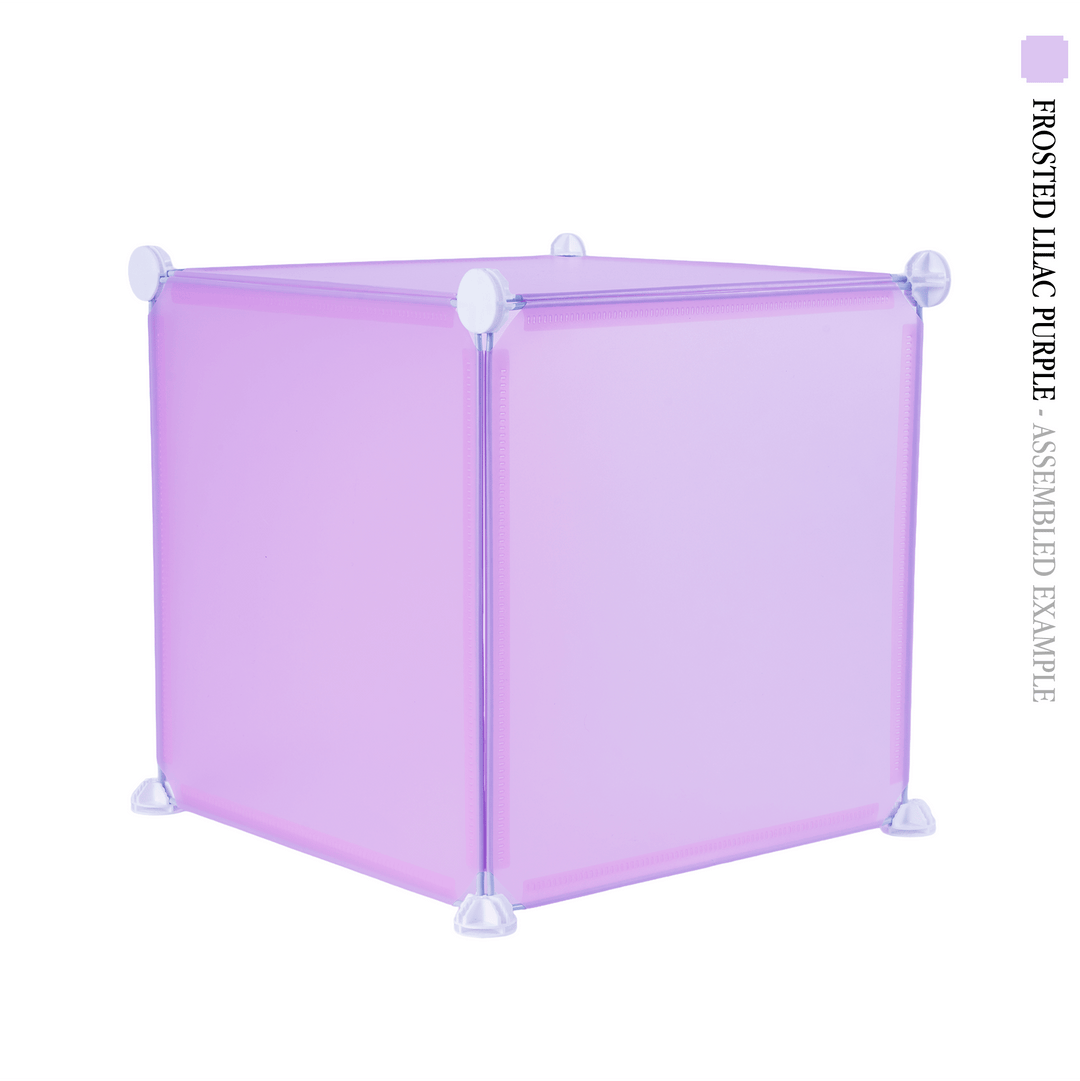 Frosted lilac purple square cube panels assembled in front of a white background - perfect for creative and modular artist alley & convention booth setups