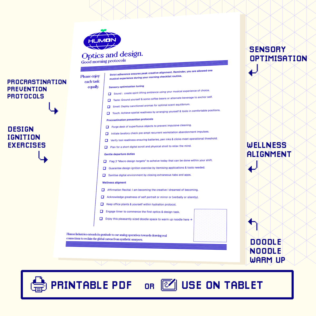 Artistbooths Digital Resource OPTICS & DESIGN - Checklist for Anti procrastination, sensory optimisation, design ignition and wellness alignment by Humon