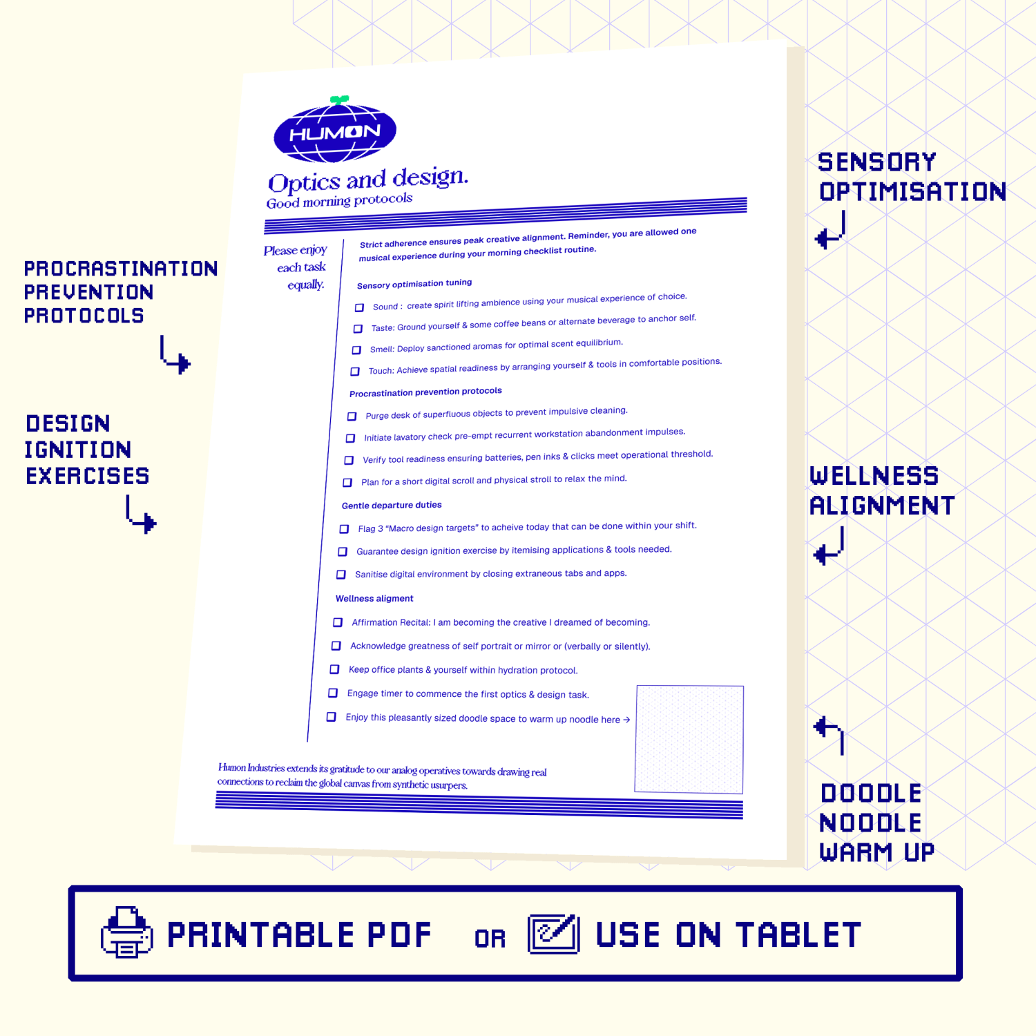 Artistbooths Digital Resource OPTICS & DESIGN - Checklist for Anti procrastination, sensory optimisation, design ignition and wellness alignment by Humon