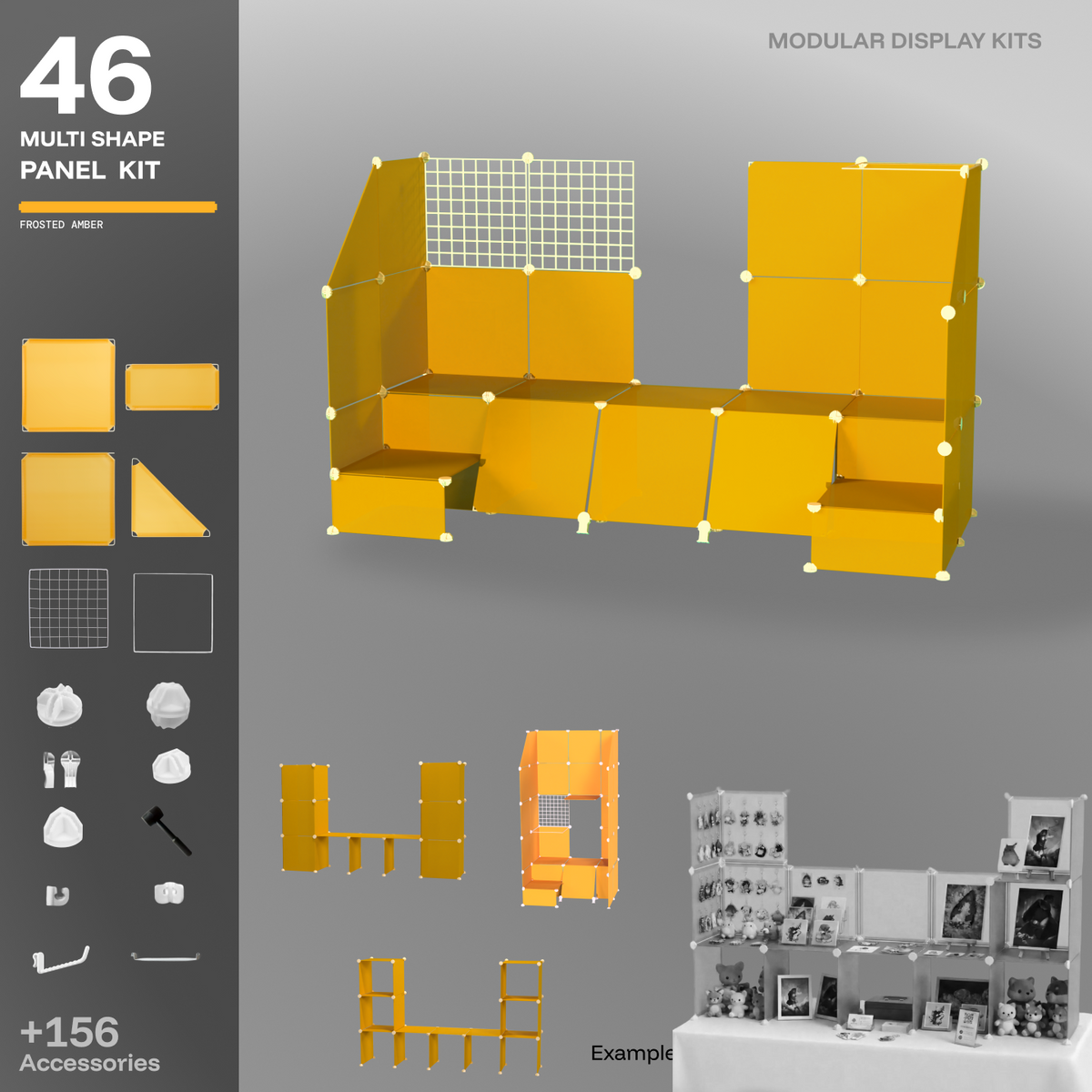 Artistbooths Frosted Mustard Yellow 48-panel modular booth assembled, with example display layouts