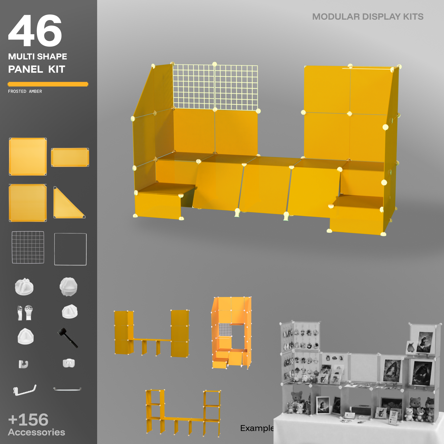 Artistbooths Frosted Mustard Yellow 48-panel modular booth assembled, with example display layouts