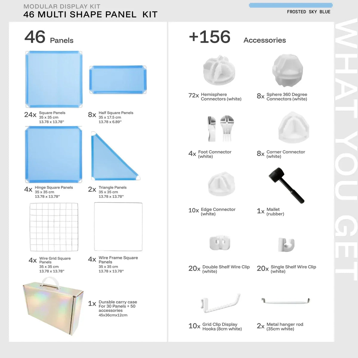 Sky Blue Shapeshift Base 46-panel kit — what's included: 46 multi-shape panels + white connectors