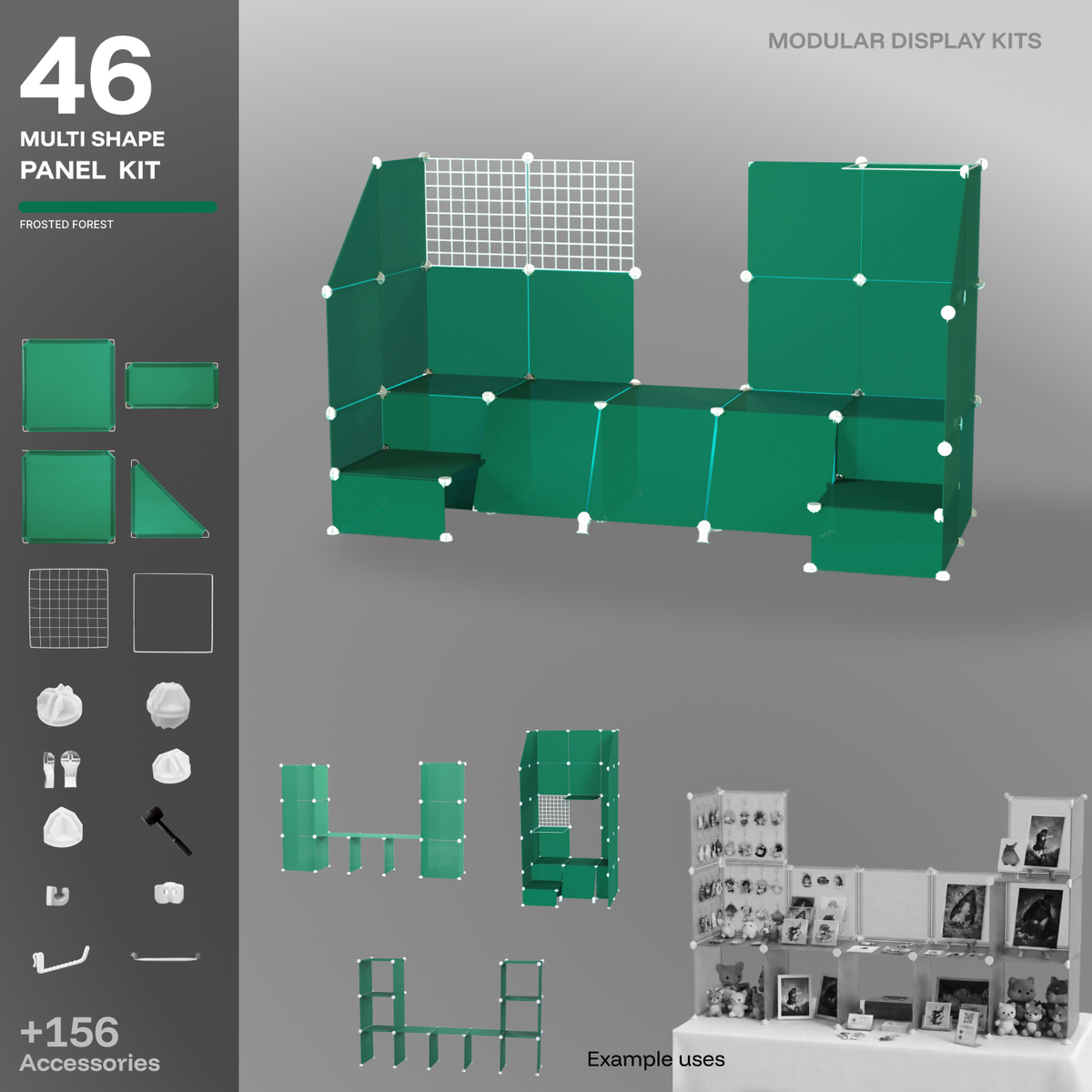 Artistbooths Frosted Pine Green 48-panel modular booth assembled, with example display layouts