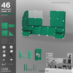 Artistbooths Frosted Pine Green 48-panel modular booth assembled, with example display layouts