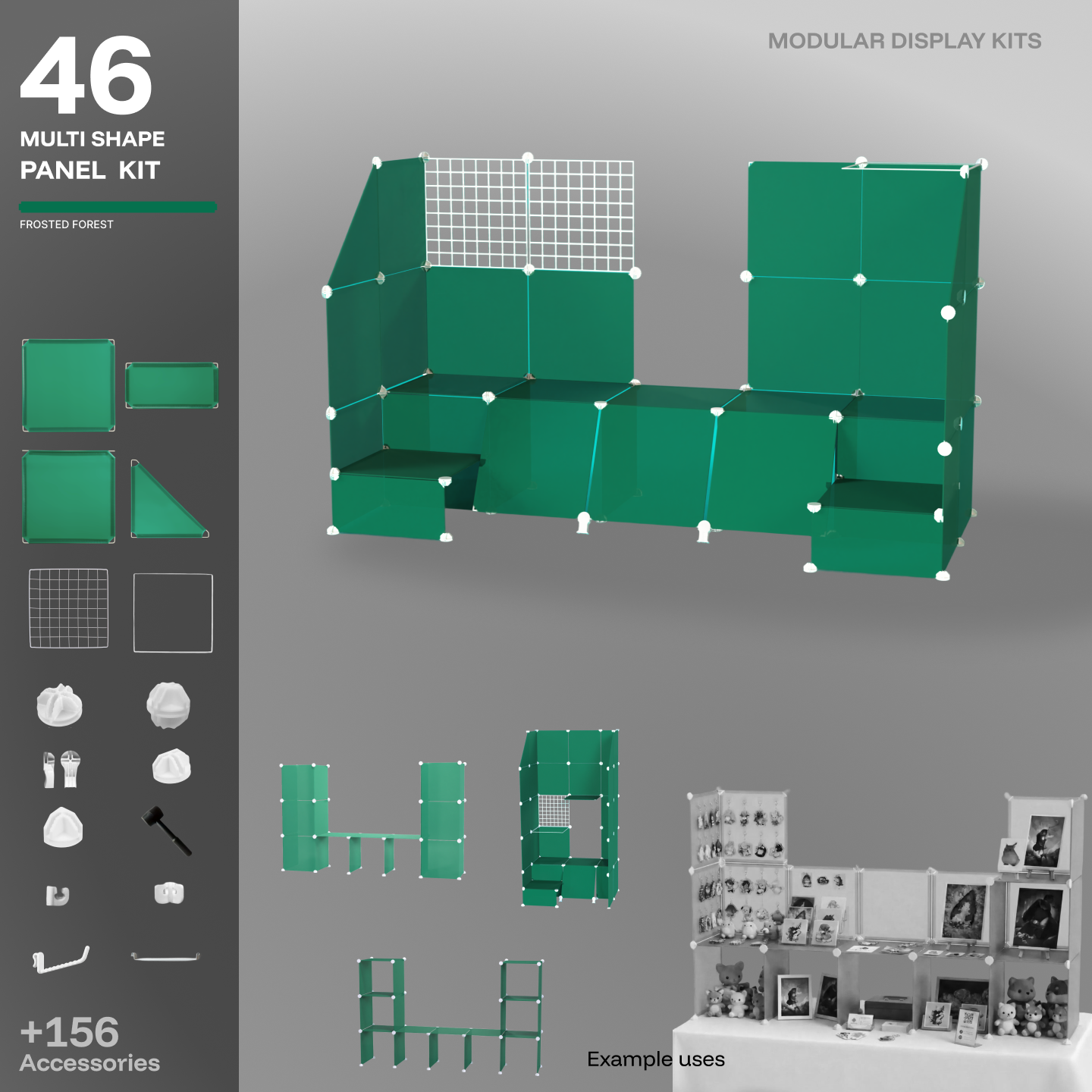 Artistbooths Frosted Pine Green 48-panel modular booth assembled, with example display layouts