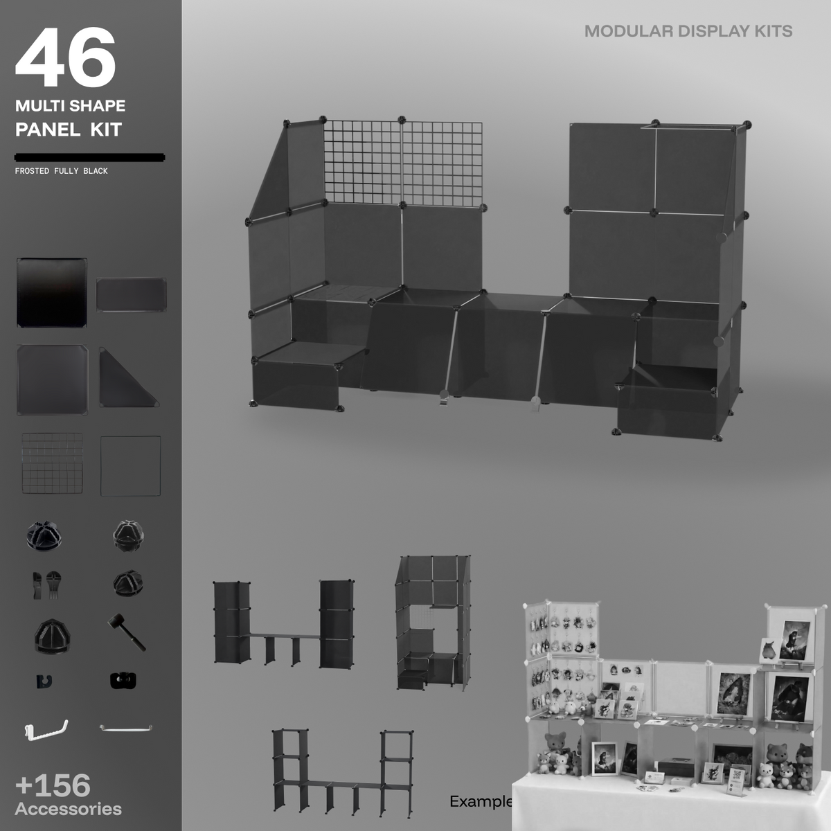 Artistbooths Frosted Black 48-panel modular booth assembled, with example display layouts