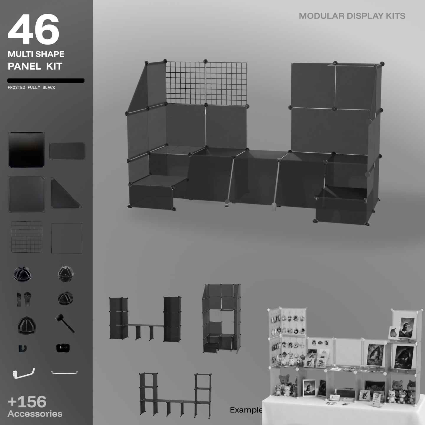 Artistbooths Frosted Black 48-panel modular booth assembled, with example display layouts