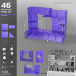 Artistbooths Frosted Indigo Purple 48-panel modular booth assembled in 3D, with example display layouts