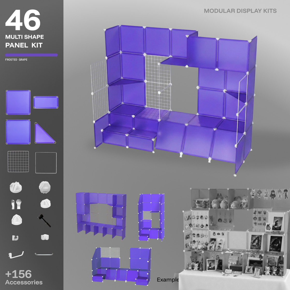 Artistbooths Frosted Indigo Purple 48-panel modular booth assembled in 3D, with example display layouts