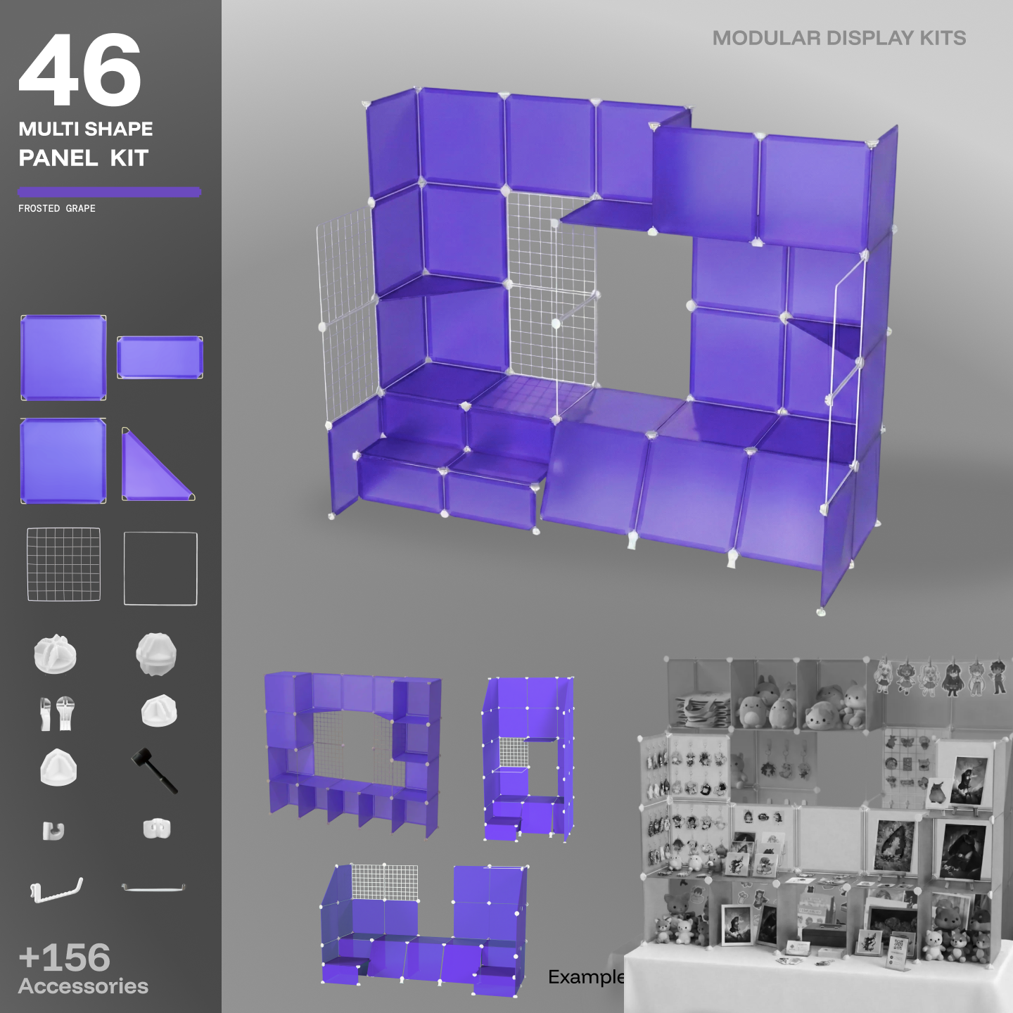 Artistbooths Frosted Indigo Purple 48-panel modular booth assembled in 3D, with example display layouts